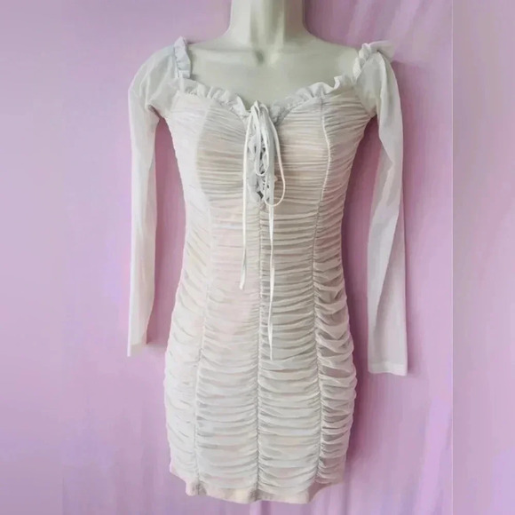 Fashion Nova Maura Mesh Off Shoulder White / Nude Dress L - Picture 3 of 11